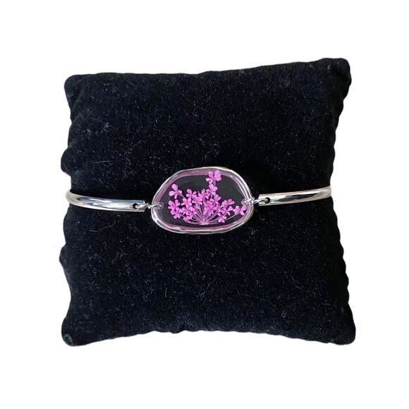Encased Pressed Pink Firework Flower Glass & Silver Bar Bracelet Adjustable OSFM - Picture 2 of 3
